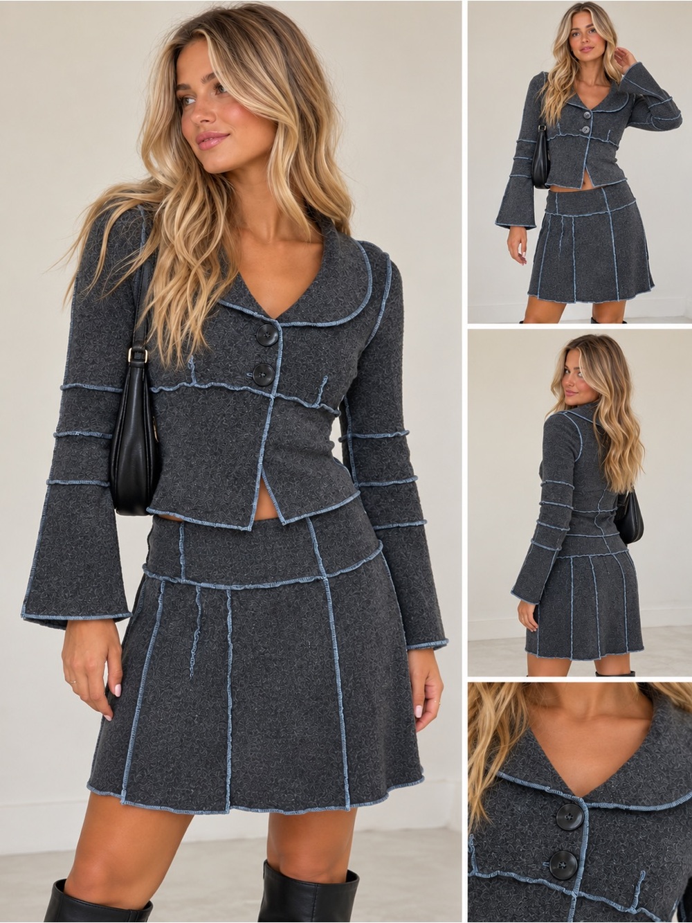American Vintage Charcoal wool Skirt and jacket Set with Blue Trim